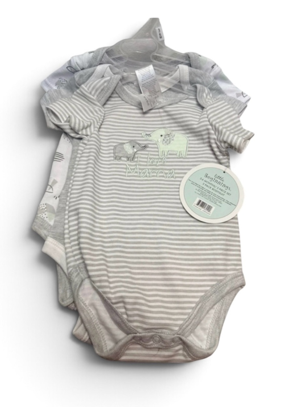 Little Beginnings Gray & White Striped Elephant Baby One-Piece Bodysuits (3-Pack